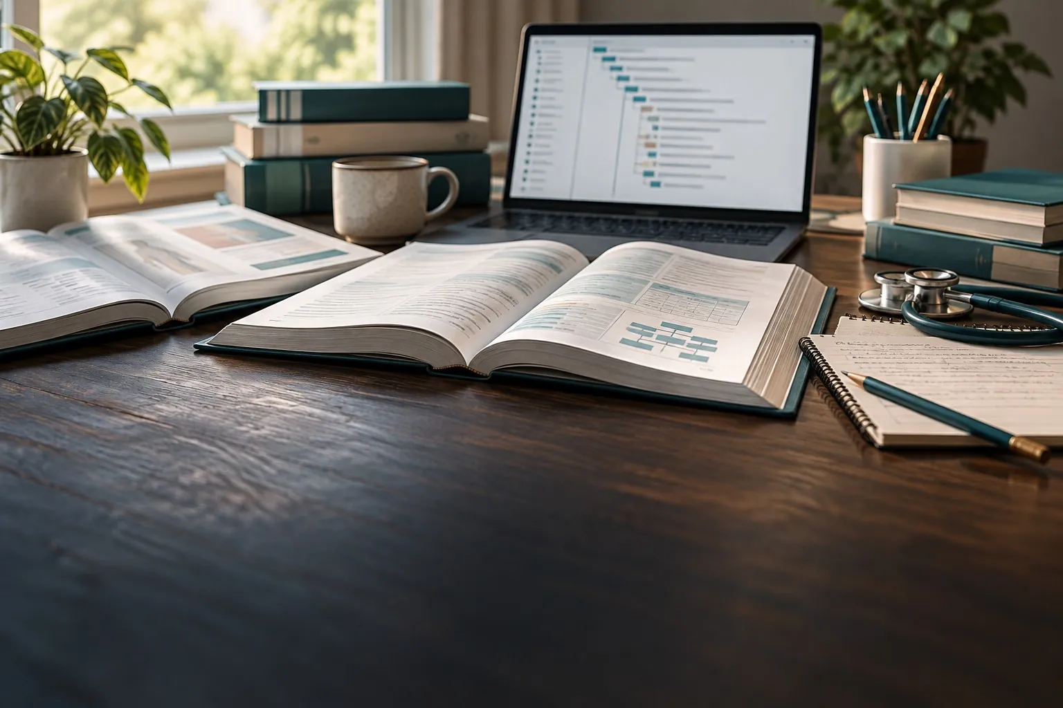 Open coding reference books, laptop and study notes on a teal workspace